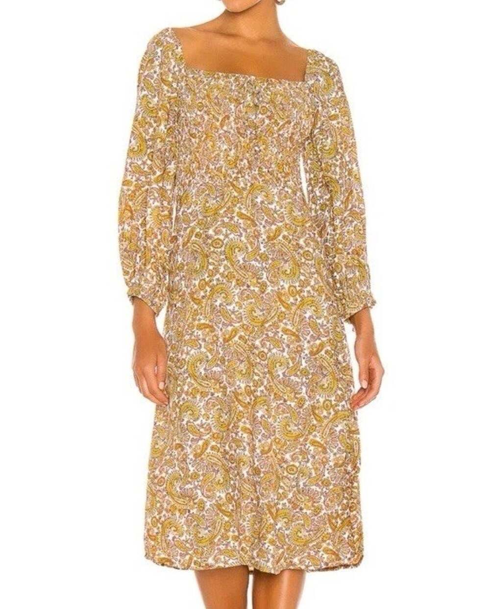 Faithful the Brand Long Sleeve Midi Dress Paisley Floral Print Yellow Orange XS